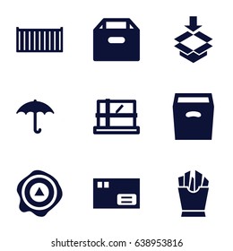 Carton icons set. set of 9 carton filled icons such as parcel, french fries, cargo box, keep dry cargo, arrow up