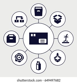 Carton icons set. set of 9 carton filled icons such as milk, box, arrow up, no standing nearby, object move