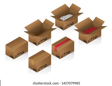 Carton Isometric Brown Boxes Set Isolated. Cardboard Box Empty And Filled With Polystyrene Peanuts, Red Paper. Brown And Red Tape. Illustration Vector. 