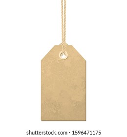 Carton label hanging on a linen thread vector illustration. A realistic and detailed tag tied with linen material string.