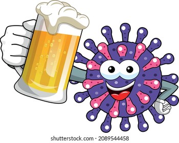 Carton mascot character virus or bacterium holding mug of beer isolated vector illustration