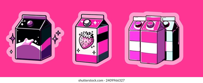 Carton milk in cartoon anime style. Set of vector illustrations for sticker or patch design in black and pink colors.