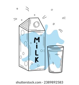 A carton of milk with a glass of milk. Organic homemade food. Vector illustration in hand drawn doodle style. Nutrition concept. Kitchen image. Illustration for a cookbook.