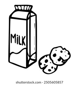 A carton of milk with oatmeal cookies hand drawn doodle. Warm drink before bed. Time to sleep. Biscuit with chocolate chips. Vector outline line art illustration.