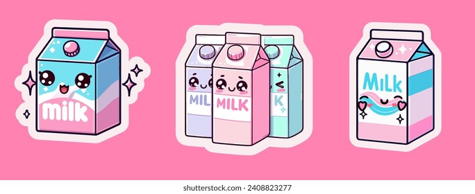 Carton milk on a pink background in cartoon kawaii anime style style. Set of vector illustrations for sticker or patch design.