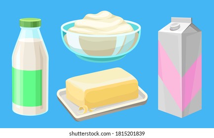 Carton of Milk and Sour Cream in Bowl as Dairy Product Vector Illustration Set