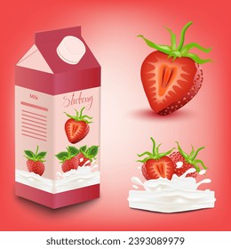 Carton of milk or strawberry flavored juice pack. Vector illustration EPS 10.