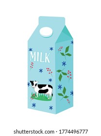 Carton of milk vector illustration. Floral design package. Cow on the carton of milk vector illustration isolated. Folk pattern on package.