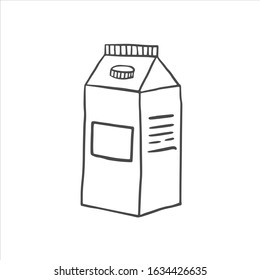 A carton of milk. Vector linear illustration in doodle style. A pack of juice, milk. Freehand drawing.