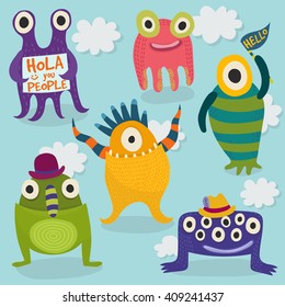 Carton monsters set. Bright happy monsters. Set of vector monsters in different poses. Vector illustration