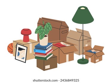 Carton moving boxes. New house boxes with personal stuff, cardboard boxes with pot plant, books and lamp flat vector illustration. Moving box with things