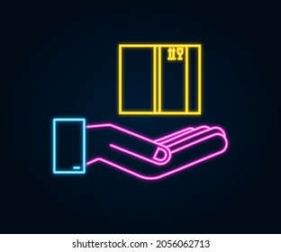 Carton neon open box in hands. Shipping delivery symbol. Gift box icon. Vector stock illustration.
