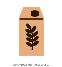 Caixa de leite de aveia com símbolo de folha marrom escuro em embalagem bege. Ícone de bebida à base de plantas. Conceito de leite de aveia.