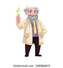 Carton old chemistry scientist standing in uniform holding mixture flask, lab-tube smiling. Smiling grey-haired old professional character, chemical research laboratory worker. Vector illustration