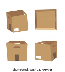 Caja de Cartón Abierta y Casilla Cerrada de Reciclaje con Perforación para Manos. Empaquetamiento del controlador de entrega de ilustraciones con estilo de caricatura. Diseño gráfico plano reenvío imágenes prediseñadas. Colección de vectores enmascarada aislada 