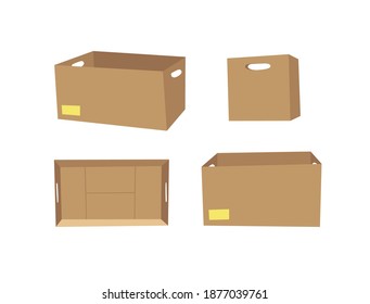 Carton Open and Closed Recycling Box with Perforation for Hands. Cartoon Style Illustration Delivery Handle Packaging. Flat Graphic Design Forwarding Clip Art. Vector Collection Mockup Isolated 
