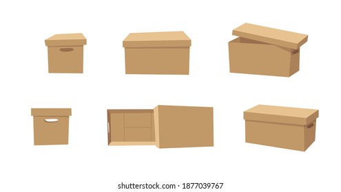 Carton Open and Closed Recycling Box with Perforation for Hands. Cartoon Style Illustration Delivery Handle Packaging. Flat Graphic Design Forwarding Clip Art. Vector Collection Mockup Isolated 