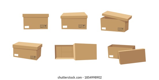 Faltschachtel Offene und geschlossene Recycling-Box Set. Cartoon Style Illustration Lieferung Packaging. Flaches Grafikdesign für die Weiterleitung von Clip Art. Vektorgrafik-Kollektion einzeln auf weißem Hintergrund