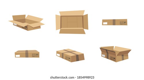 Carton Open and Closed Recycling Boxes Set. Cartoon Style Illustration Delivery Packaging. Flat Graphic Design Forwarding Clip Art. Vector Collection Mockup Isolated on White Background
