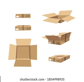 Carton Open and Closed Recycling Boxes Set. Cartoon Style Illustration Delivery Packaging. Flat Graphic Design Forwarding Clip Art. Vector Collection Mockup Isolated on White Background