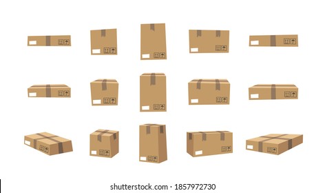 Faltschachtel Offene und geschlossene Recycling-Box Set. Cartoon Style Illustration Lieferung Packaging. Flaches Grafikdesign für die Weiterleitung von Clip Art. Vektorgrafik-Kollektion einzeln auf weißem Hintergrund