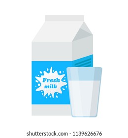 Carton pack and glass of fresh milk in flat cartoon style, stock vector illustration 