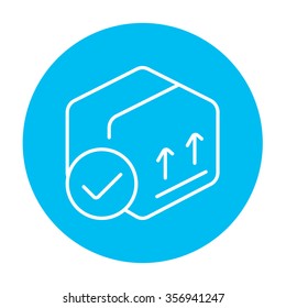 Carton package box with two arrows up line icon for web, mobile and infographics. Vector white icon on the light blue circle isolated on white background.