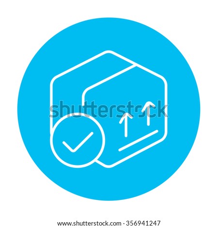 Carton package box with two arrows up line icon for web, mobile and infographics. Vector white icon on the light blue circle isolated on white background.