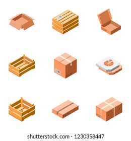 Carton package icon set. Isometric set of 9 carton package vector icons for web design isolated on white background