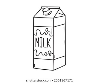 Carton package with milk box doodle hand drawn icon. Outline drawing carton package with milk box line clipart symbol. Vector illustration