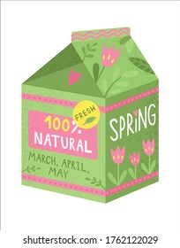 Carton package with spring symbols. Vector illustration of package of spring decorated by flowwrs, green leaves