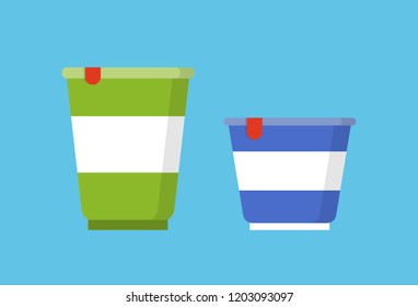 Carton package vector set for sour cream cartoon style. Plastic capacity with label for dairy and milk products isolated badges, organic natural food