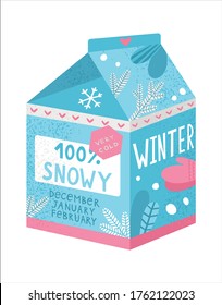 Carton package with winter symbols. Vector illustration of package of winter decorated by snowflakes, mittens