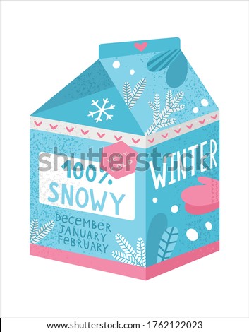 Carton package with winter symbols. Vector illustration of package of winter decorated by snowflakes, mittens