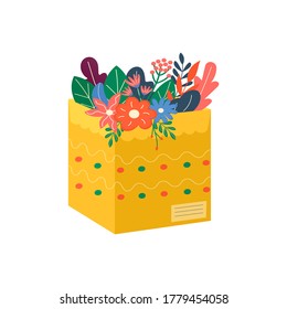 Carton packages with flowers for delivery icons. Set of postal parcels, packs, boxes, letters, envelopes. parcel for online delivery service concept. Isolated vector