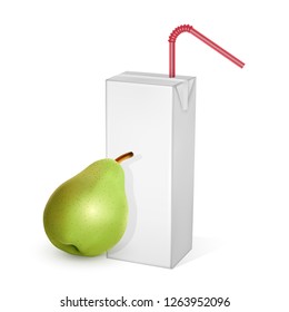 The carton packages of Milk or juice, isolated on light background. carton packages with pear juice, White pack Mockup, vector illustration of Realistic template