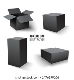 Carton packaging 3d black box and cube set. Set of open cardboard boxes and cube on white background.