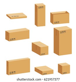 Carton packaging box. Carton boxes for packing cargo of different sizes pallet. 3d carton packaging box images set of different size with postal signs this side up fragile vector illustration