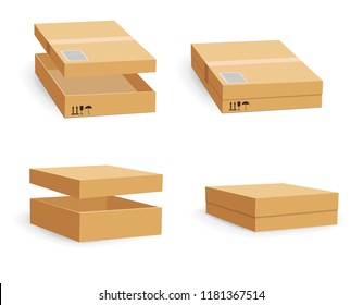 Carton packaging box. Brown delivery set of different sized packages with postal signs of fragile vector illustration. Set of closed and open cardboard boxes on white background.