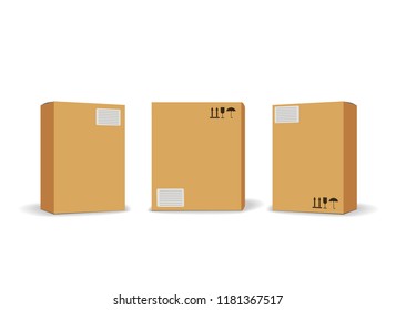 Carton packaging box. Brown delivery set of different sized packages with postal signs of fragile vector illustration. Set of closed and open cardboard boxes on white background. - Shutterstock ID 1181367517