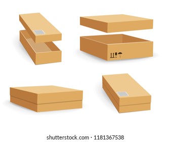 Carton packaging box. Brown delivery set of different sized packages with postal signs of fragile vector illustration. Set of closed and open cardboard boxes on white background.