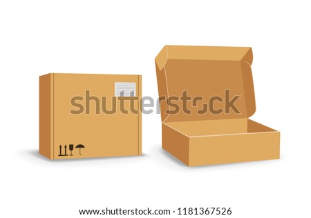 Carton packaging box. Brown delivery set of different sized packages with postal signs of fragile vector illustration. Set of closed and open cardboard boxes on white background.