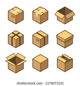 Carton Packaging Box Icons Set on White Background. Vector