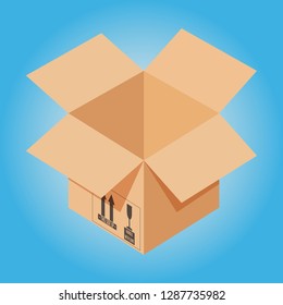 Carton packaging box. Isometric carton packaging box with postal signs this side up fragile. Opened cardboard box on blue background. Vector illustration EPS 10.