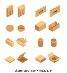 Carton packaging box. Isometric carton packaging box set, collection vector illustration. Set closed and open cardboard boxes on white background.