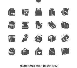 Carton packaging box. Mail containers in various shapes. Delivery packaging open and closed box. Vector Solid Icons. Simple Pictogram