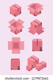 Carton packaging pink box. Isometric carton packaging box images set of different size with postal signs this side up fragile vector illustration. Set closed and open cardboard boxes