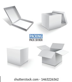 Carton packaging white 3d box. Brown delivery set of different sized packages with postal signs of fragile. Set of closed and open cardboard boxes on white background.