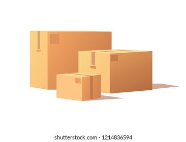 Carton packs vector delivery icons. Pile of parcel boxes, stacked sealed goods in cardboard. Realistic packages with adhesive tape isolated on white.