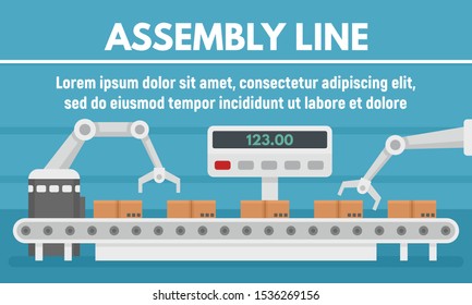 Carton parcel assembly line concept banner. Flat illustration of carton parcel assembly line vector concept banner for web design